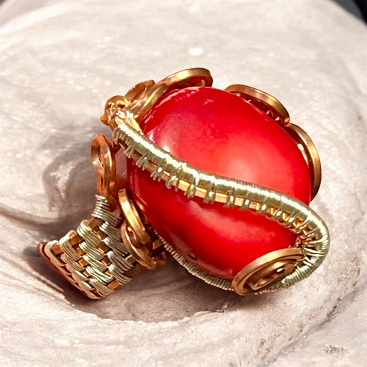 Enhanced Red Coral Statement Ring – Handwoven Wire Art