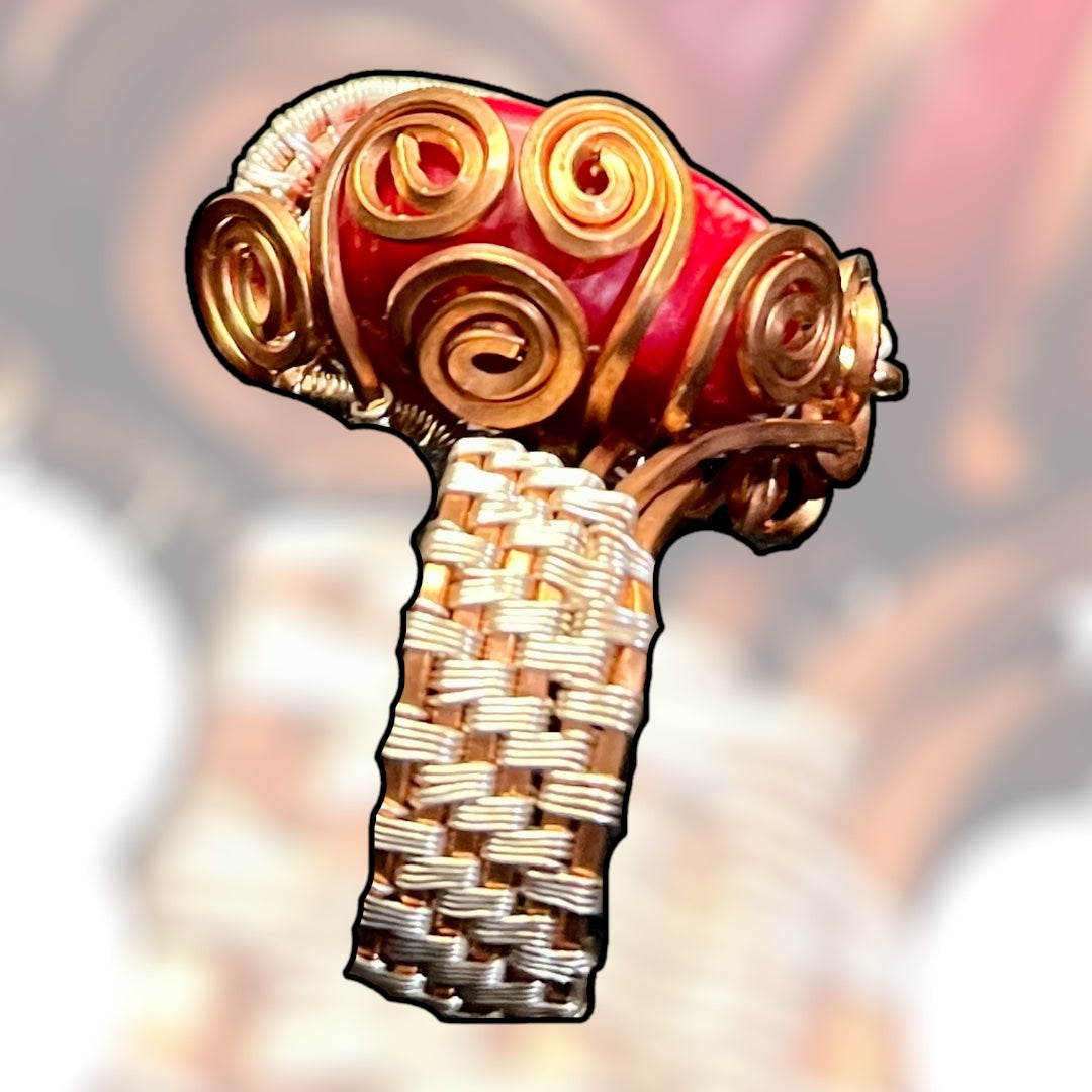 Enhanced Red Coral Statement Ring – Handwoven Wire Art