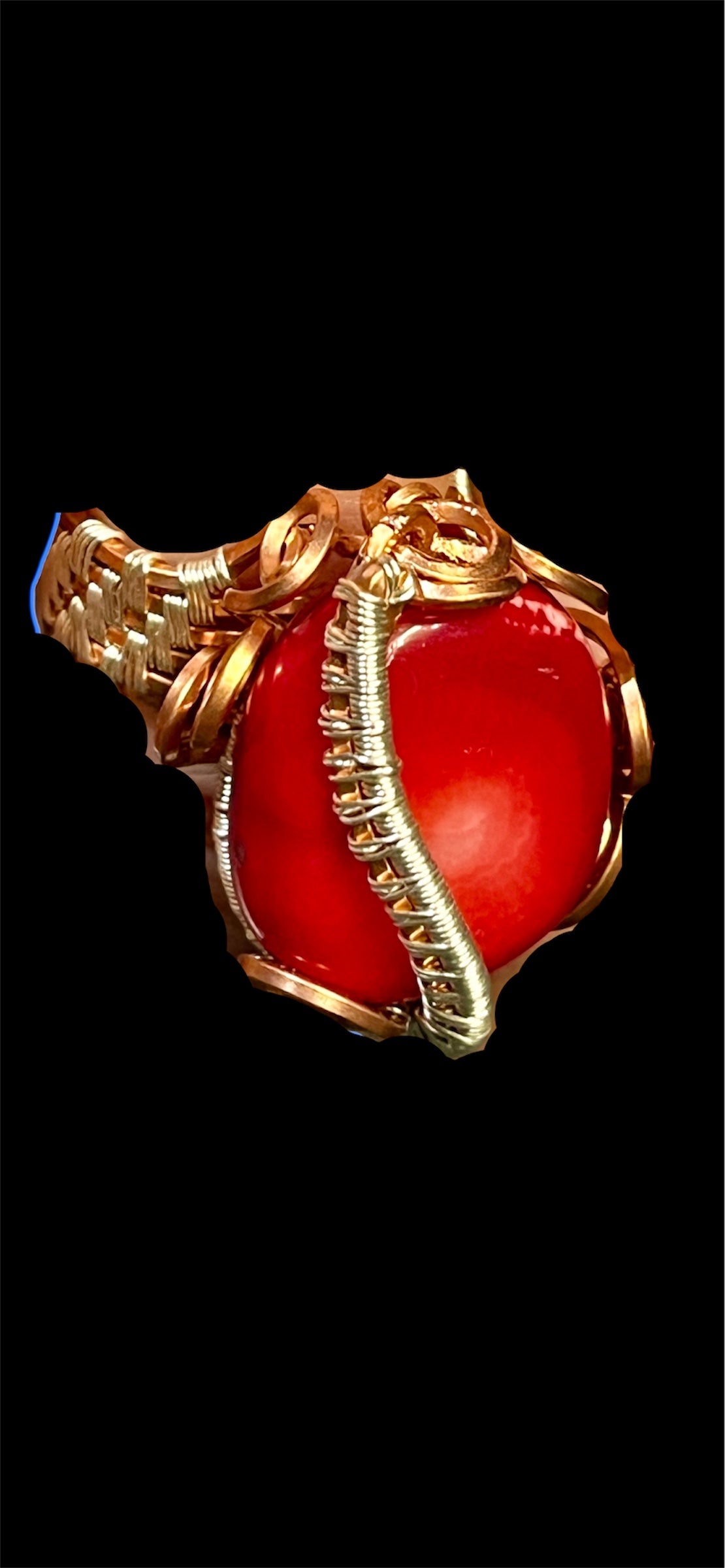 Enhanced Red Coral Statement Ring – Handwoven Wire Art