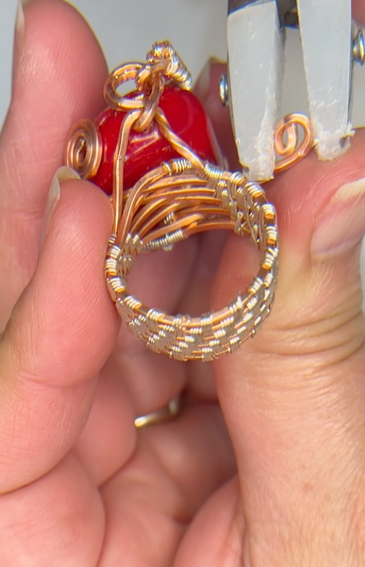 Enhanced Red Coral Statement Ring – Handwoven Wire Art