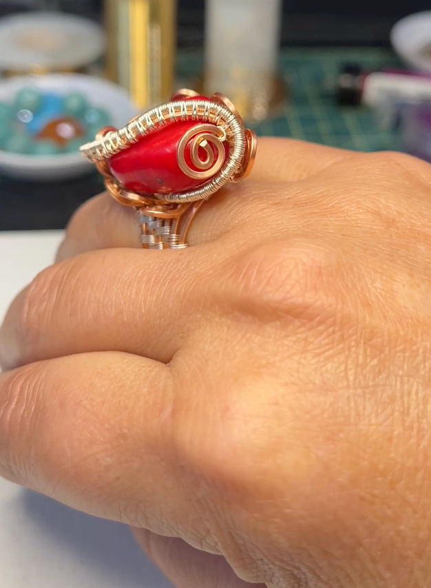 Enhanced Red Coral Statement Ring – Handwoven Wire Art