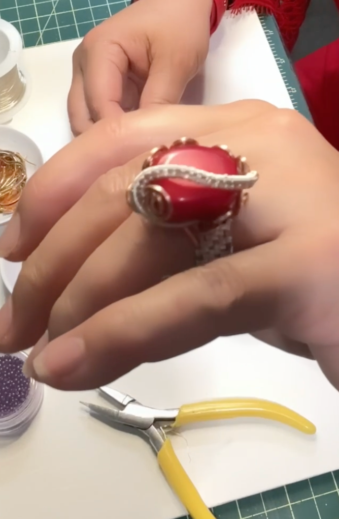Enhanced Red Coral Statement Ring – Handwoven Wire Art